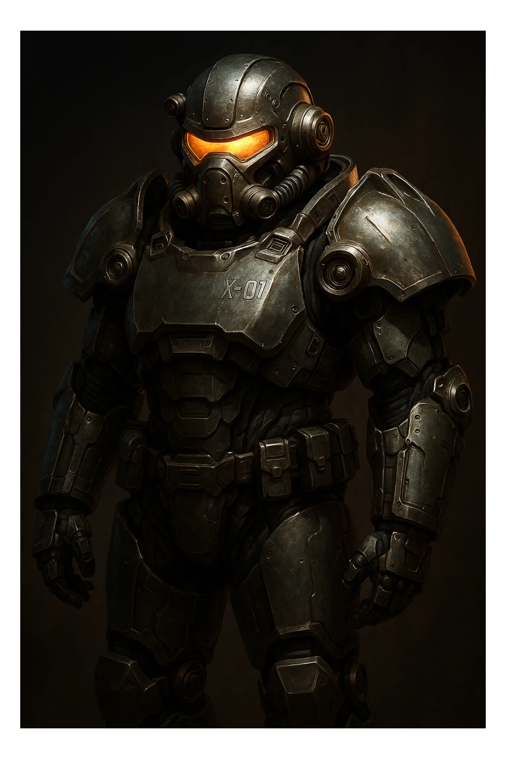 X-01 power armor, detailed, futuristic, metallic, full body, dramatic lighting sticker