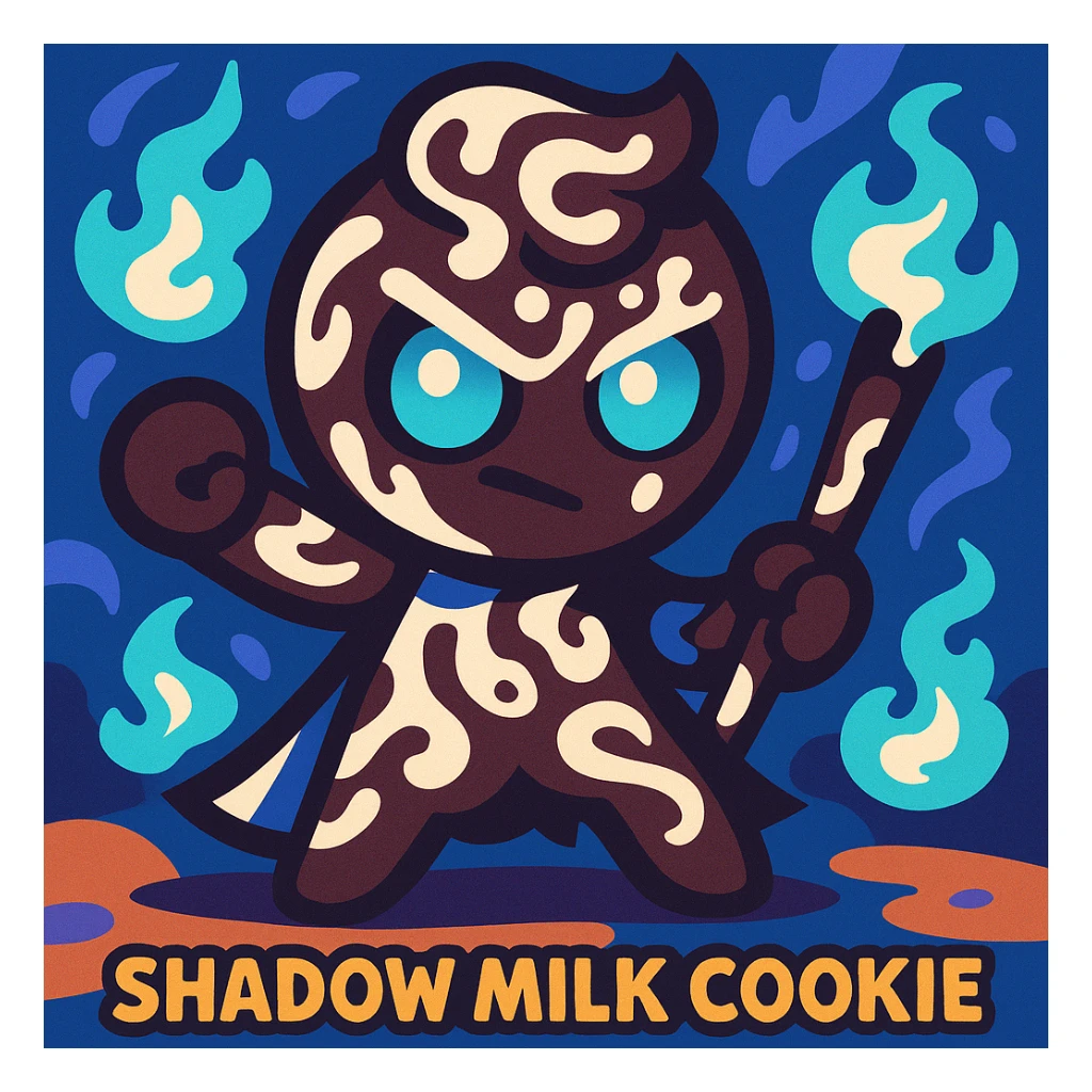 Shadow Milk Cookie, a dark cookie with glowing blue eyes, milk patterns, and a magical vibe sticker