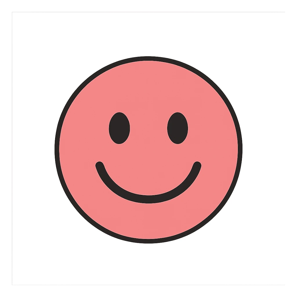 a pink smiley face emoji, simple, round, cheerful sticker