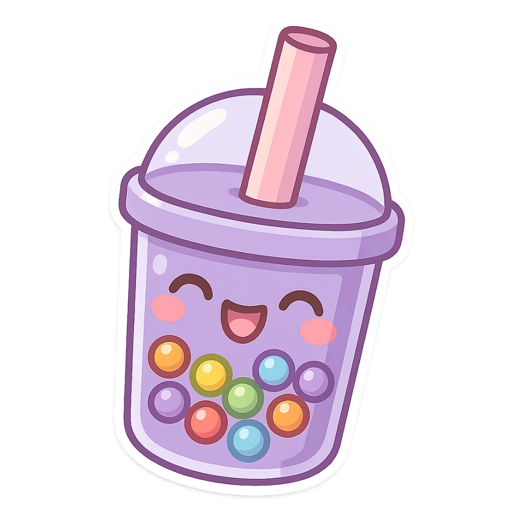 purple bubble tea with rainbow boba, cute and exaggerated chibi sticker style sticker