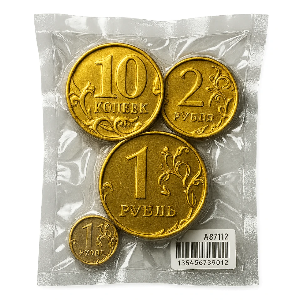 Russian coins, shiny and inflated, vacuum-sealed style sticker