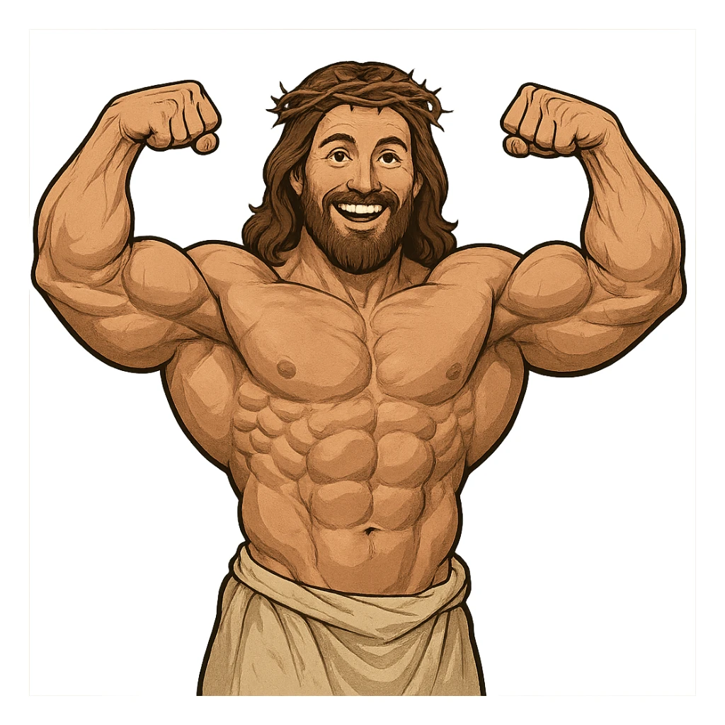 Strong, muscular Jesus, cheerful expression, bodybuilder build sticker