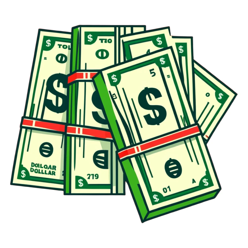 green upward arrow next to progressively taller stacks of dollar bill packs wrapped with bands sticker