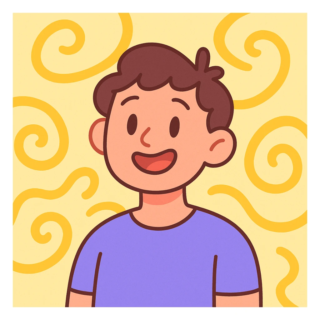 an avatar surrounded by yellow swirls, soft pastel cartoon style sticker