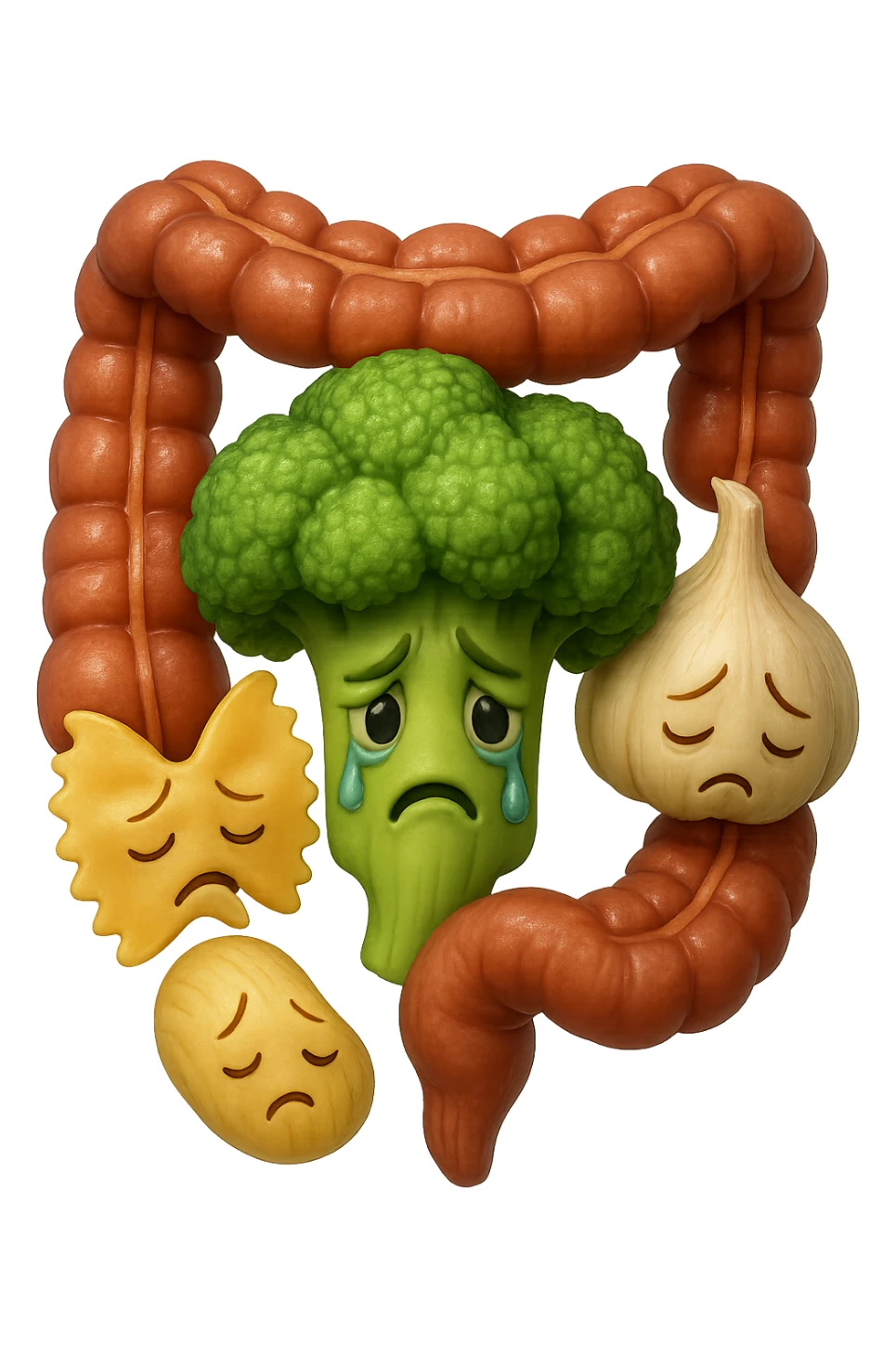 EMOJI STILE IPHONE DI broccolo, pasta, aglio con espressione triste, avvolti da pezzi di colon anatomico umano, IPERREALISTICO 4K sticker