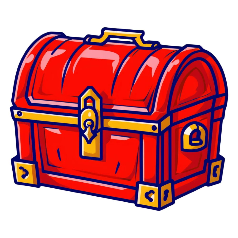 A bright red RPG treasure chest with a golden lock sticker