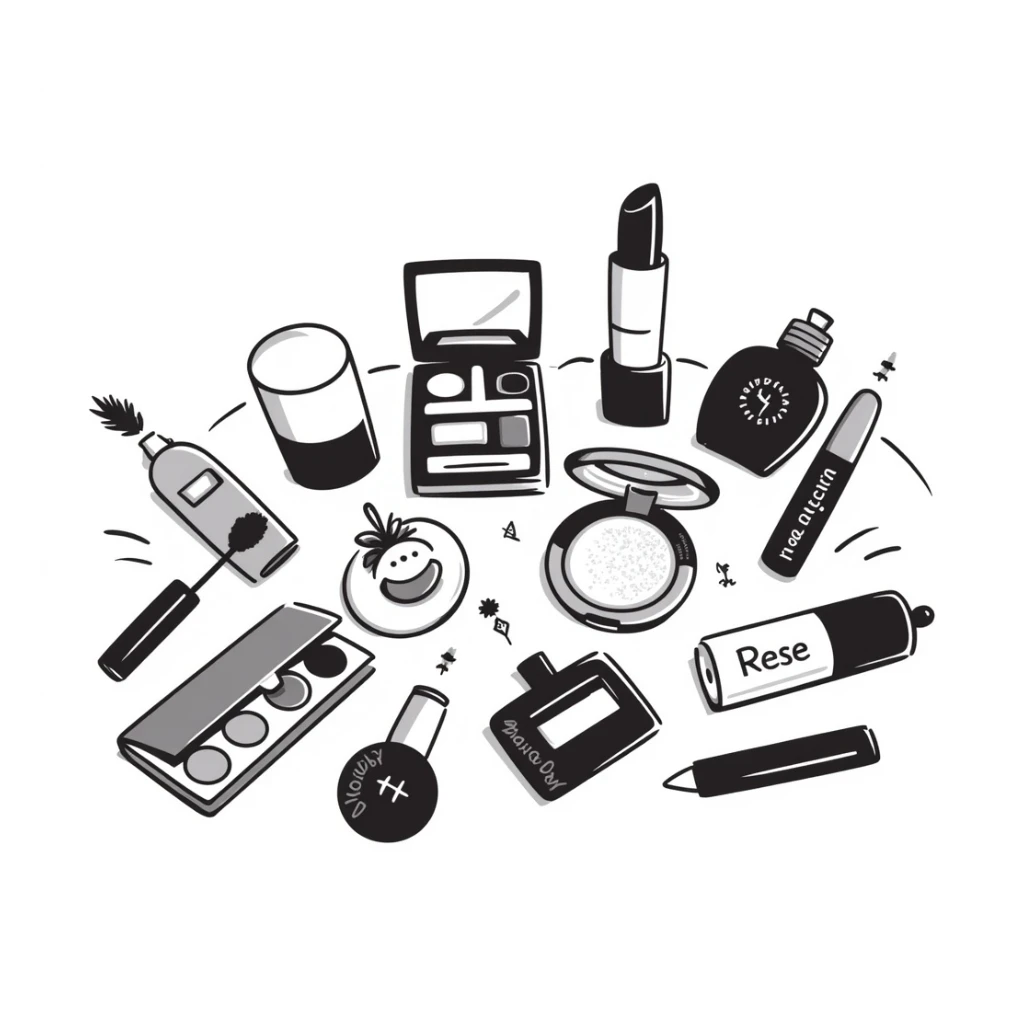 cosmetics, makeup items, beauty products, hand drawn notion style sticker
