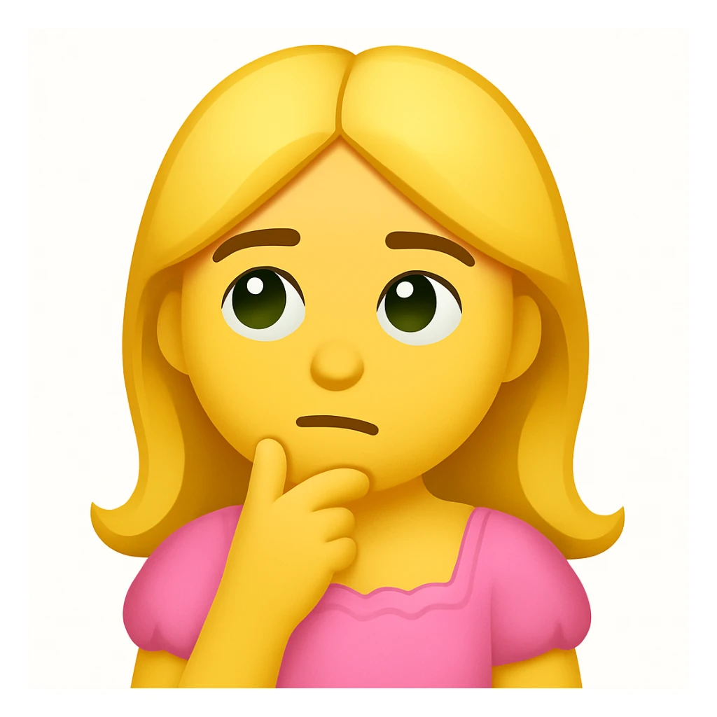 Create an edited version of the reference image in the style of apple emojis. The character should have blonde long hair, green swamp eyes, and wear a pink pastel dress. Change the expression to a thoughtful expression while keeping all facial features, clothes, and hairstyle from the reference. sticker