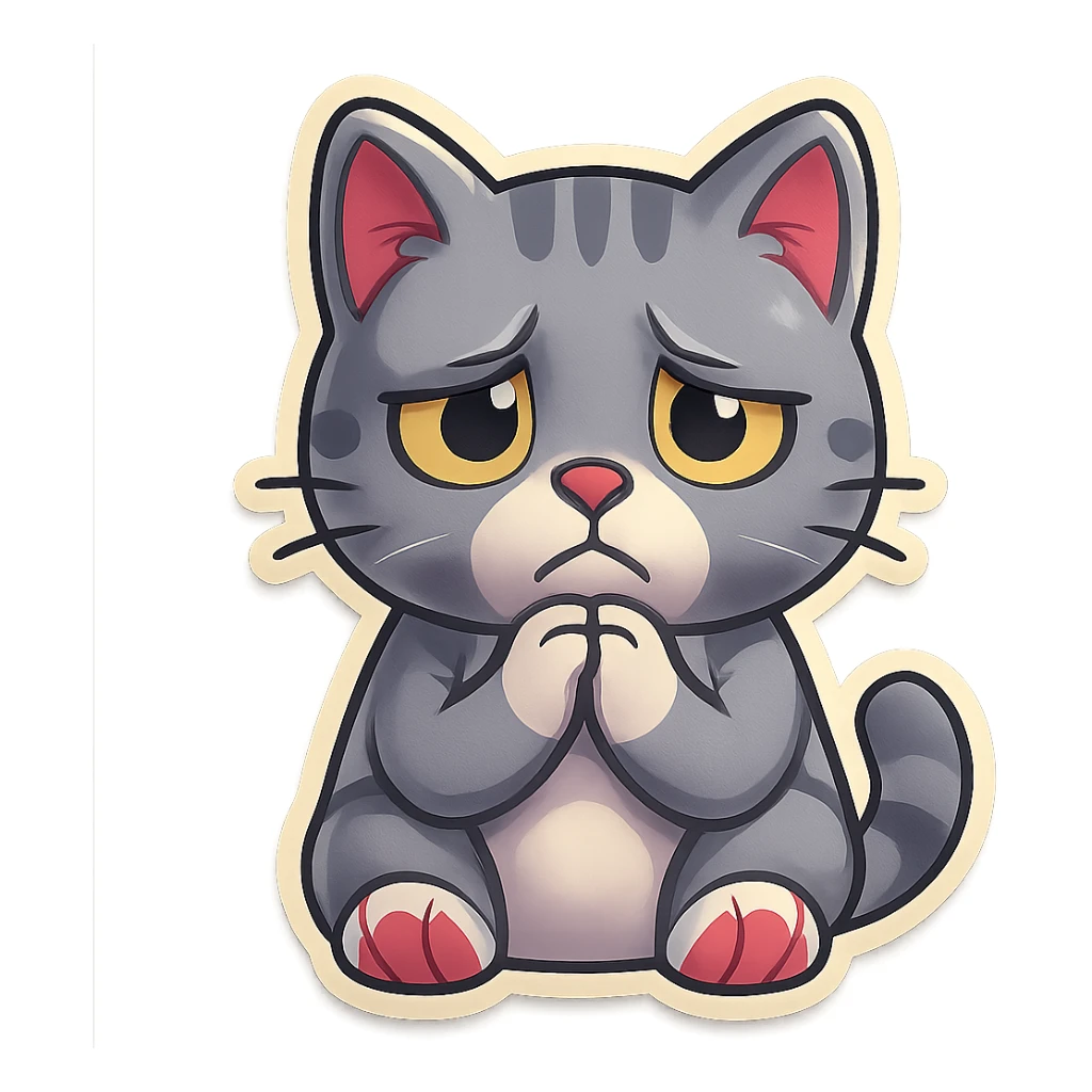 Bring the cat's paws up so they are touching each other just below the chin. Make the face look even sadder, with more expressive disappointment. Keep the style and transparent background. sticker