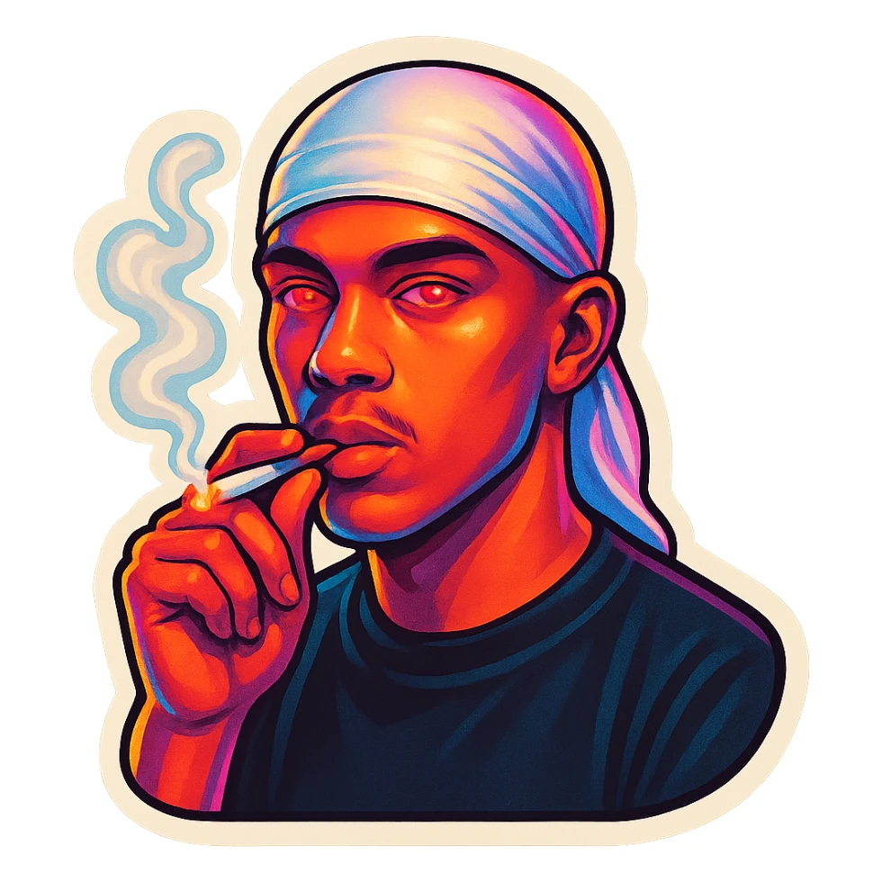 Red eyeds
Smoking
Change His durag To white sticker