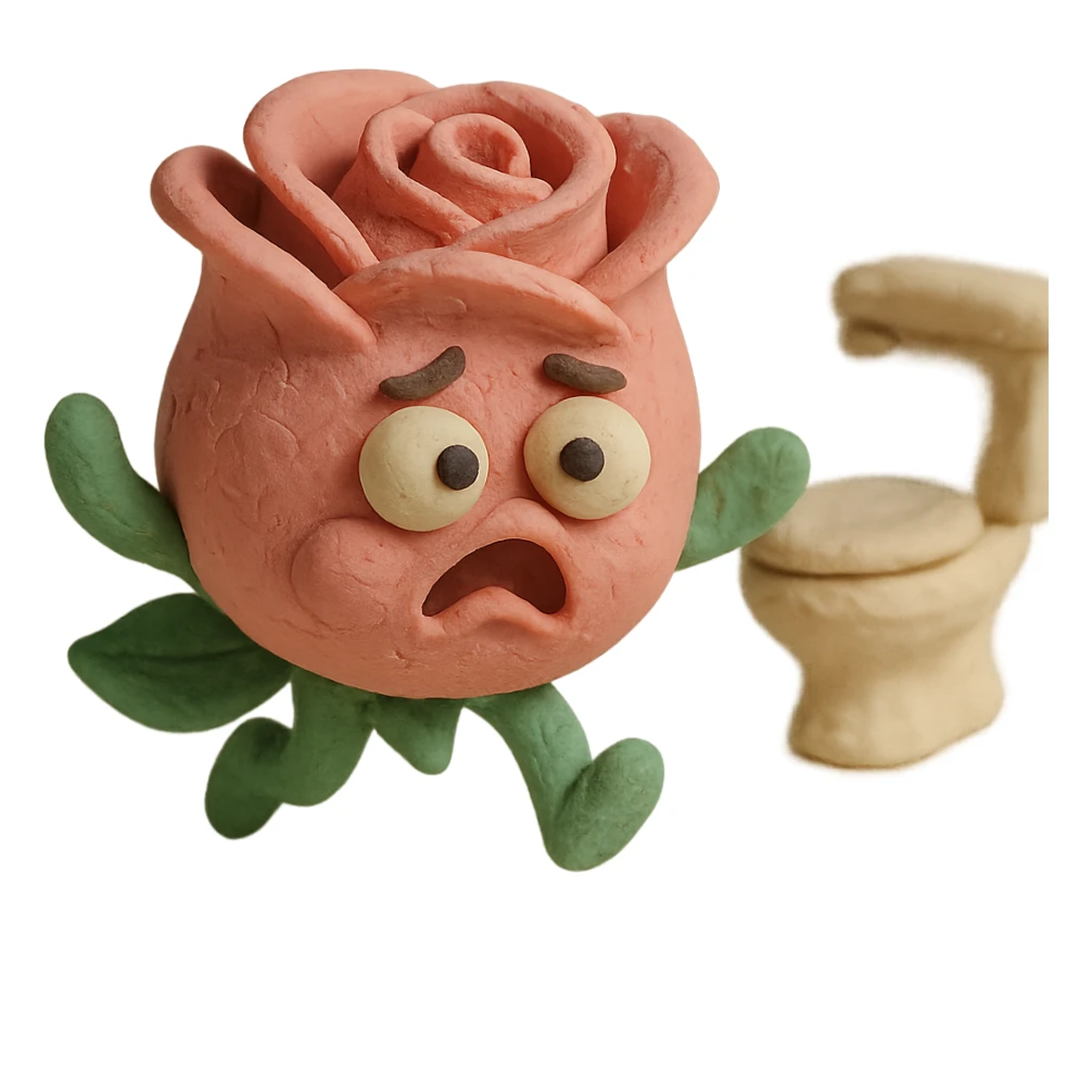 soft pink rose flower character in claymation style with puffed cheeks, dark round eyes, round chubby body, curled rose petals on top, stubby green leaf arms and legs, pastel tones, chibi round shape, panicked expression with bulging eyes, flailing leaf arms, rushing to the bathroom sticker