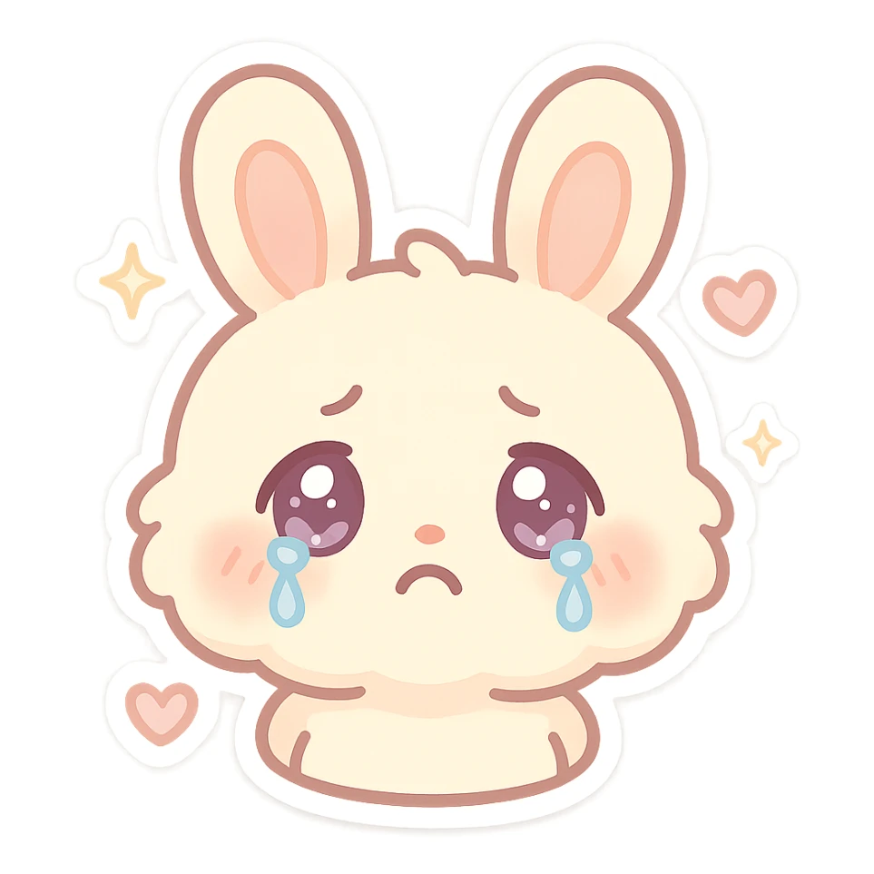 kawaii chibi-style bunny emoji with a round fluffy face, sparkly eyes, blushing cheeks, pastel color palette, sad mood, soft rounded design, anime-style, sparkles and hearts, vector art sticker