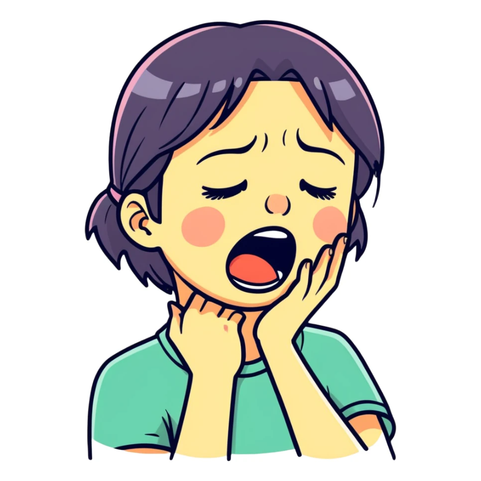 Girl choking themself with the crying face sticker