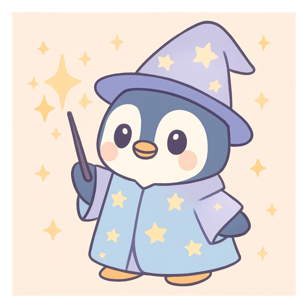 cute penguin wizard casting a spell, with sparkles and a starry robe sticker