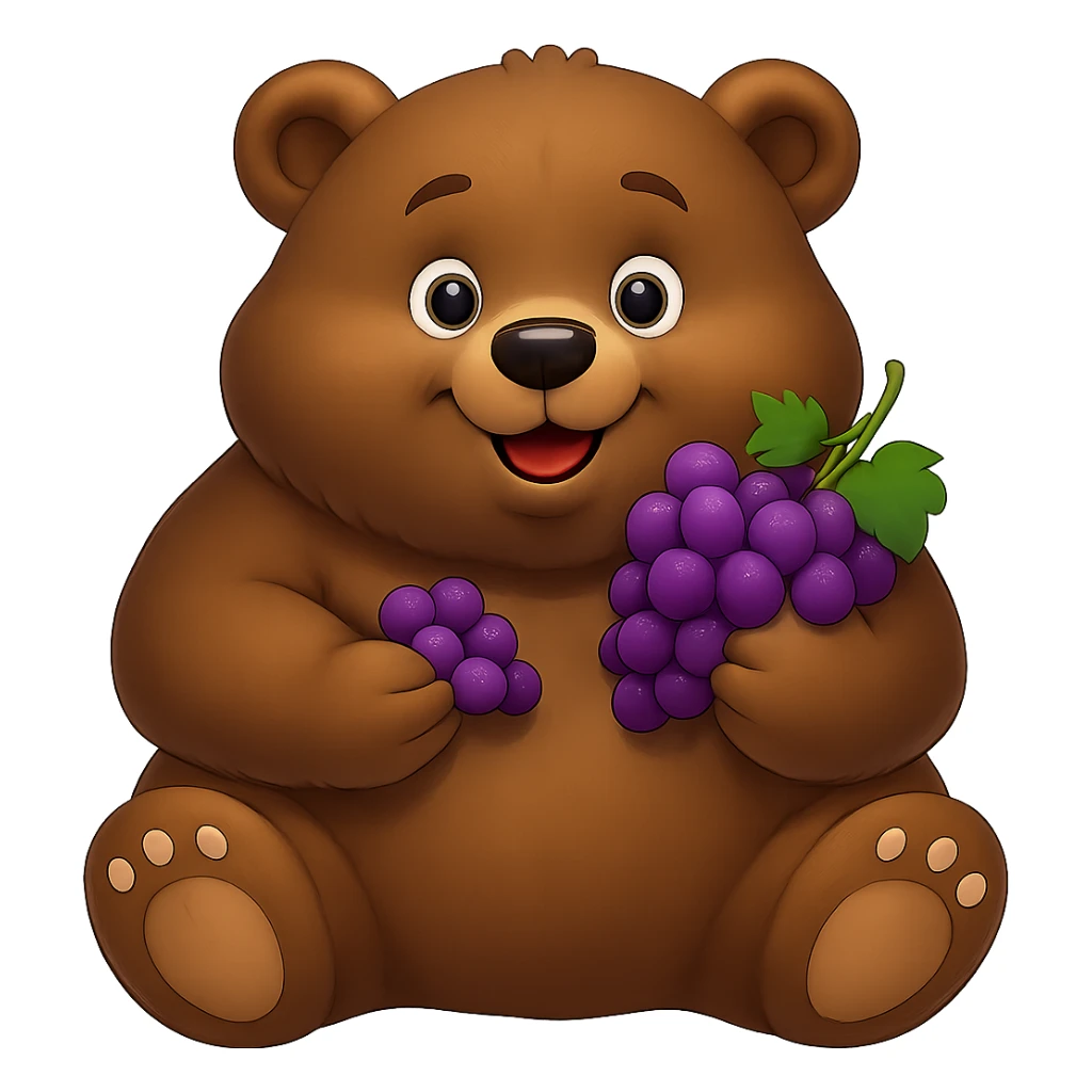Make the grapes purple and the bear more chunky, keep no background. The style should be consistent with the original image's look. sticker