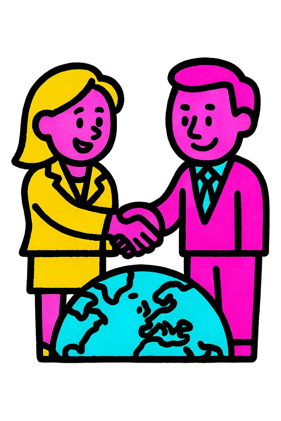 A lively and playful icon of two businesspeople shaking hands over a world map sticker