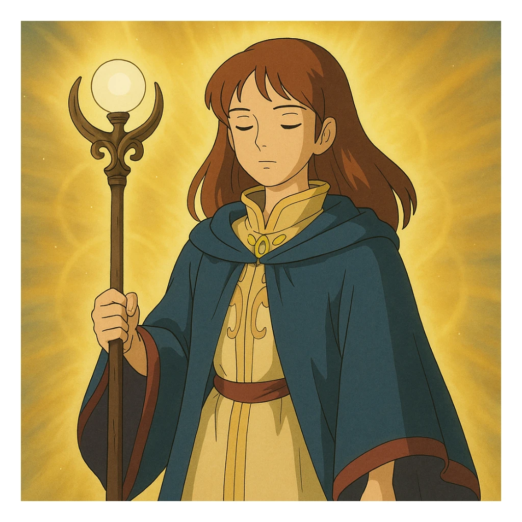 legendary mentor, young woman with elegant robe and magical staff, surrounded by light, ghibli style sticker