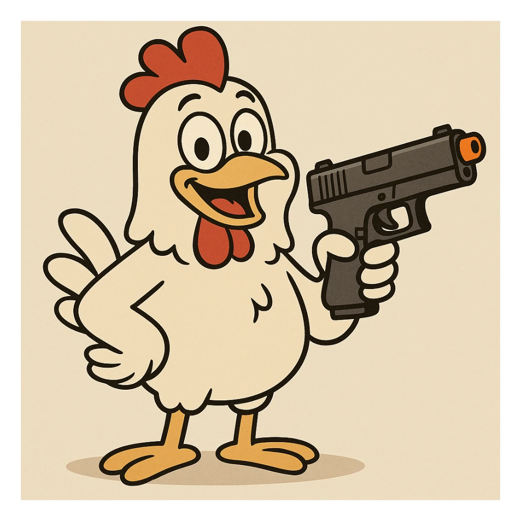 cartoon chicken holding a water gun shaped like a Glock, orange tip, cheerful and safe sticker