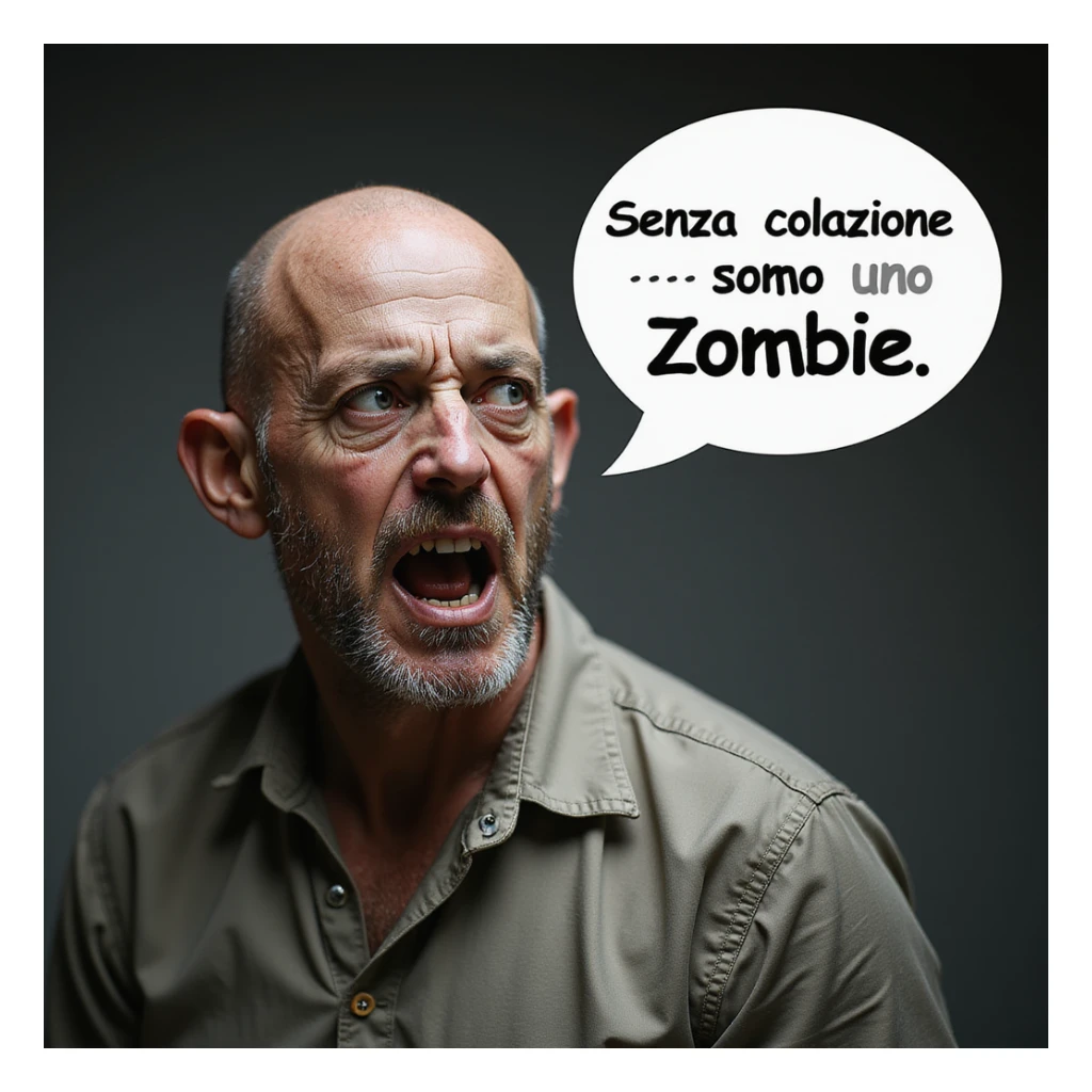 hyperrealistic 4K man isolated on white background with a speech bubble saying 'Senza colazione sono uno zombie', funny expression, realistic details sticker