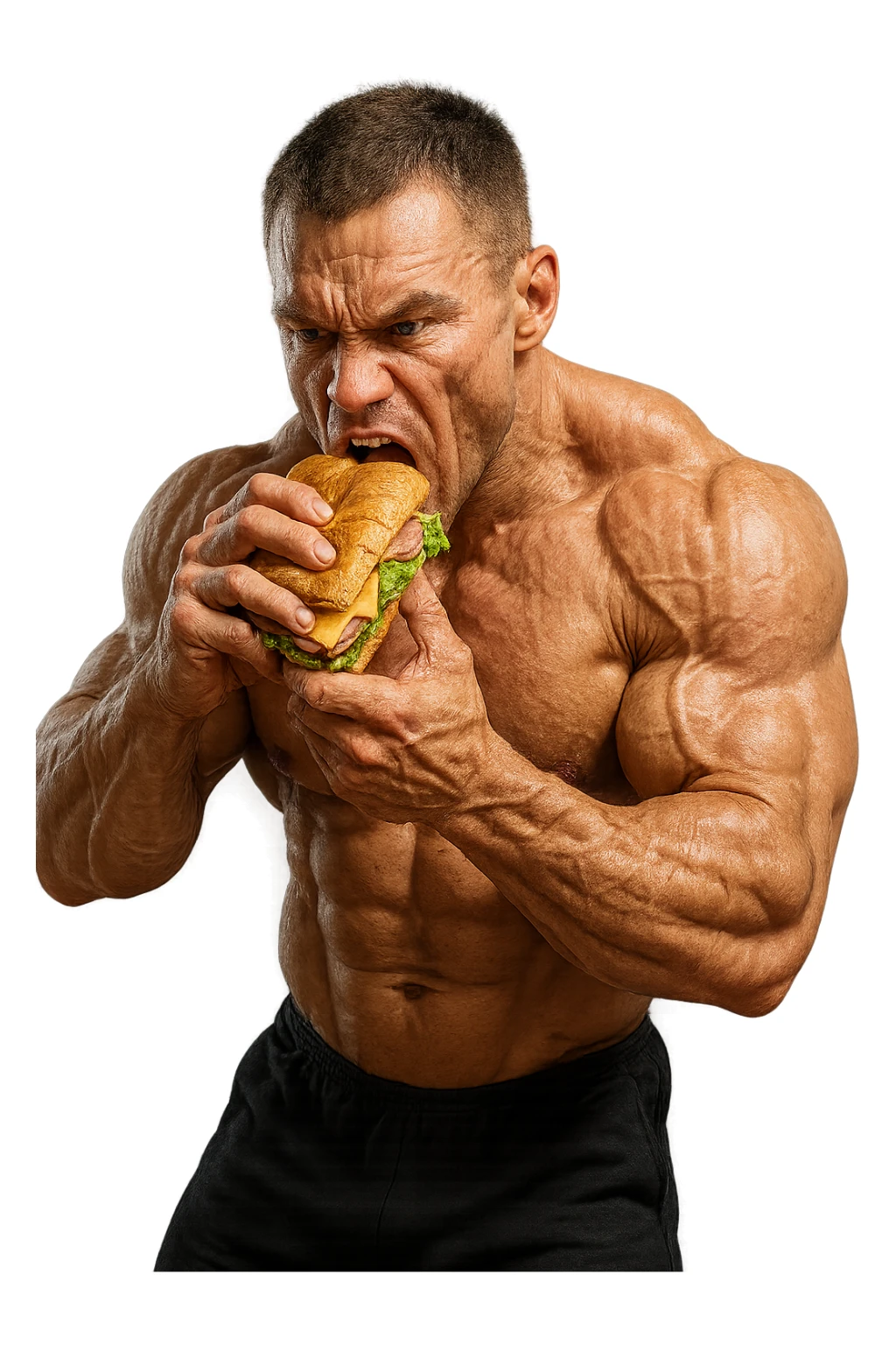 bodybuilder che mangia affamato un panino, iperrealistico 4k sticker