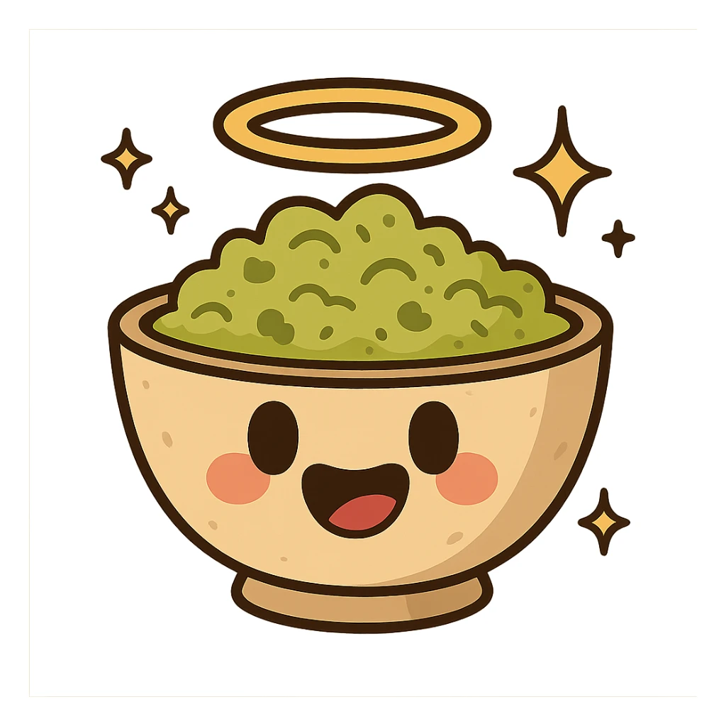 guacamole bowl with a halo, sparkles, and smiling face sticker