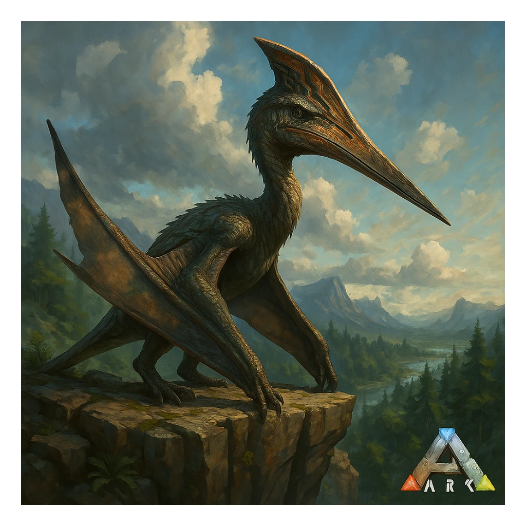quetzalcoatlus dinosaur in the style of the Ark: Survival Evolved game, perched on a cliff, looking majestic, game-inspired details sticker