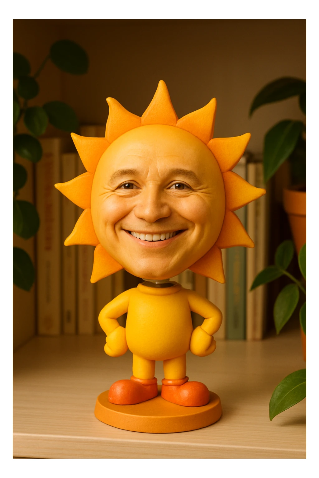 a smiling sun bobblehead, cartoonish style, bright colors, cheerful expression sticker