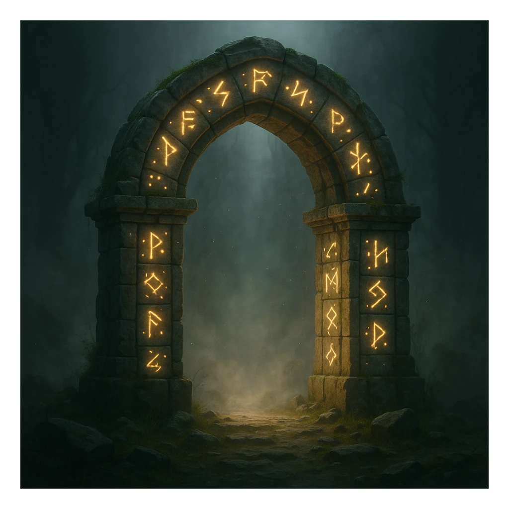 an ancient stone archway portal with runes, mystical atmosphere sticker