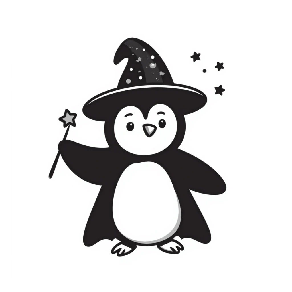 cute penguin wearing a wizard hat and robe, holding a magic wand sticker