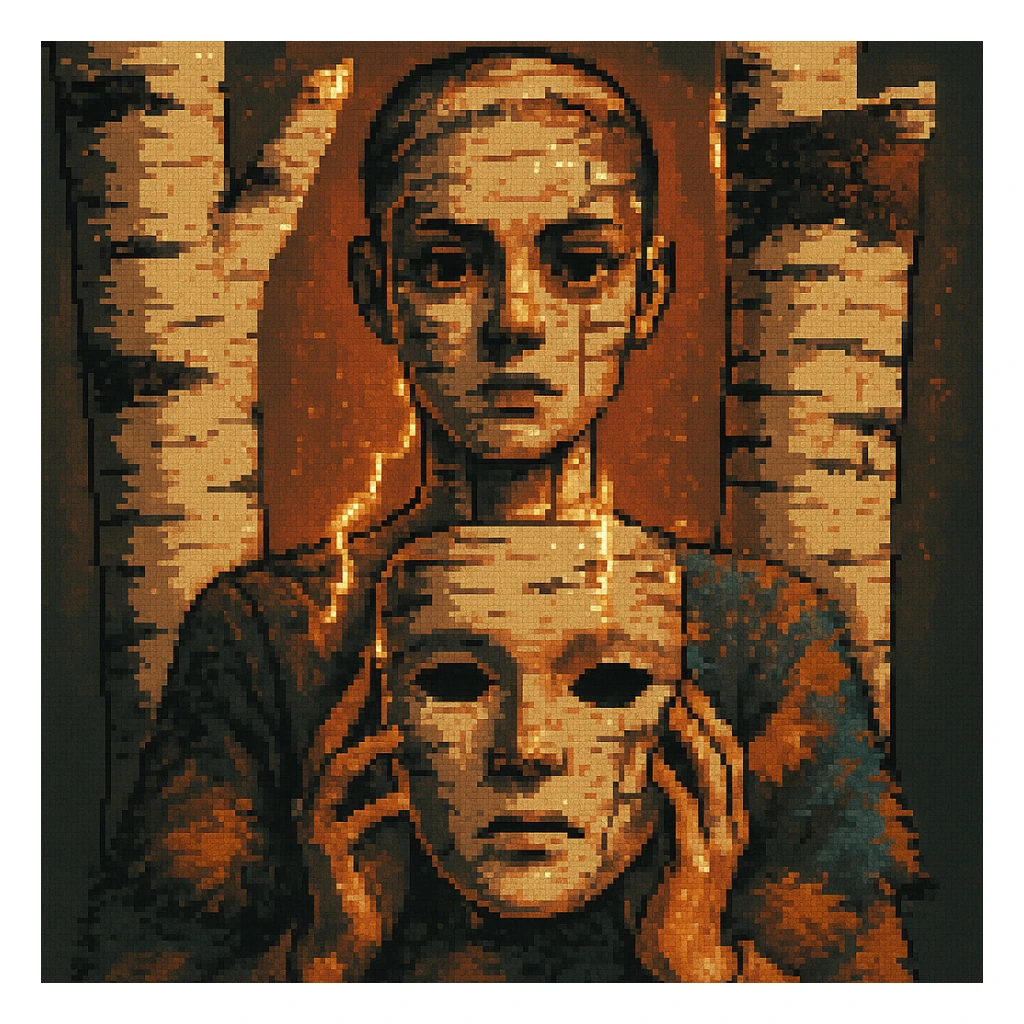 Create a surreal and imaginative pixel art style image of a woman holding a birch tree mask, inspired by the birch tree surreal character style from the references. The style should blend pixel art aesthetics with surreal elements, capturing the unique and imaginative essence of the birch tree character. sticker