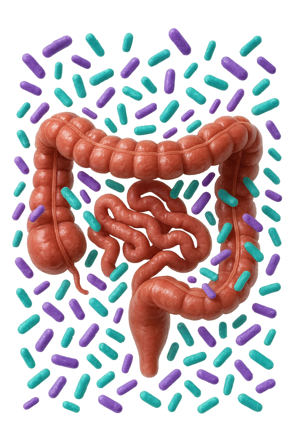 intestino umano anatomico realistico pieno di batteri intestinali viola e turchesi che gli fluttuano intorno, IPERREALISTICA 4K sticker