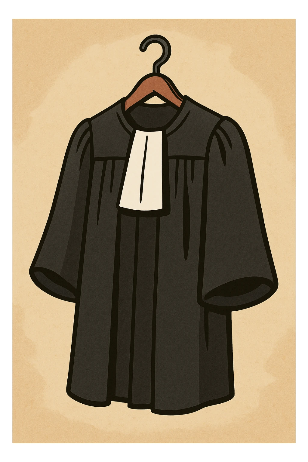 a lawyer's robe hanging on a wooden hanger, black with white collar, simple background sticker