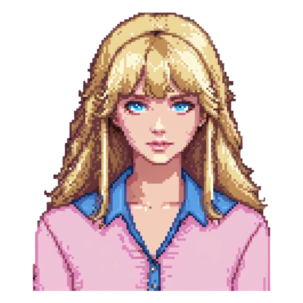 blonde woman with bangs, wearing a pink blouse, blue eyes sticker