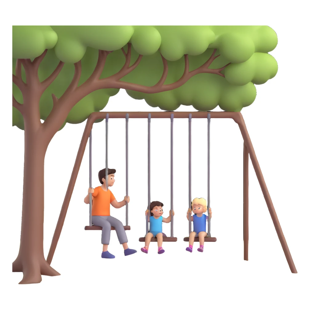 A person pushing a swing with a child sitting on it, outdoors, under a tree, in daylight. The swing is moving back and forth. Focus on the motion of swinging and the person gently pushing it sticker