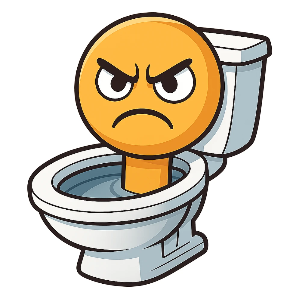 Edit the image so the head emerging from the toilet has an angry expression with furrowed brows and a scowl in emoji style. Keep the background transparent. sticker