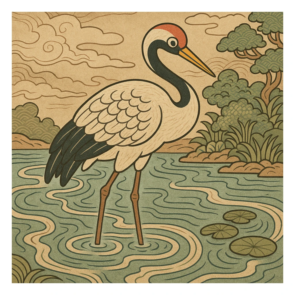 crane bird standing in a pond, ukiyo-e style illustration sticker