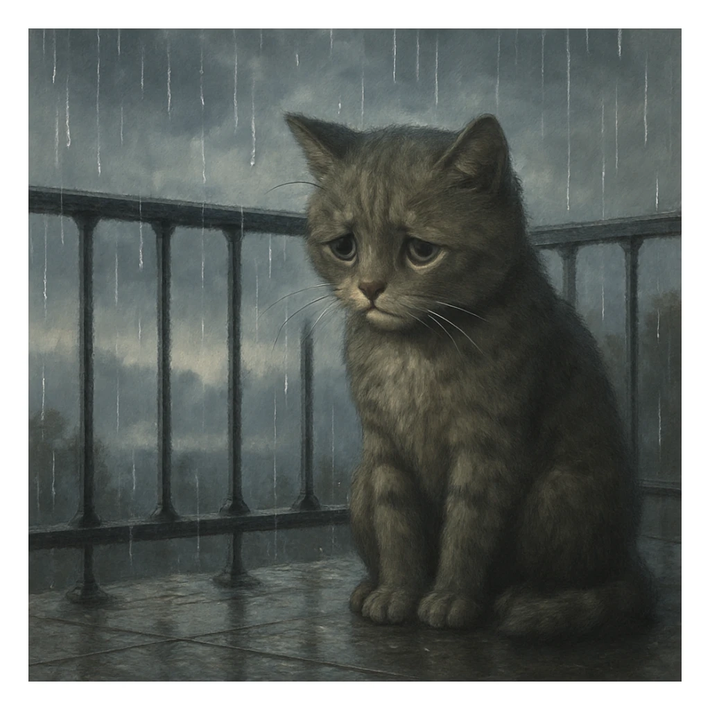 A sad cat sitting on a balcony, looking outside while it rains, with visible raindrops and a gloomy atmosphere. sticker
