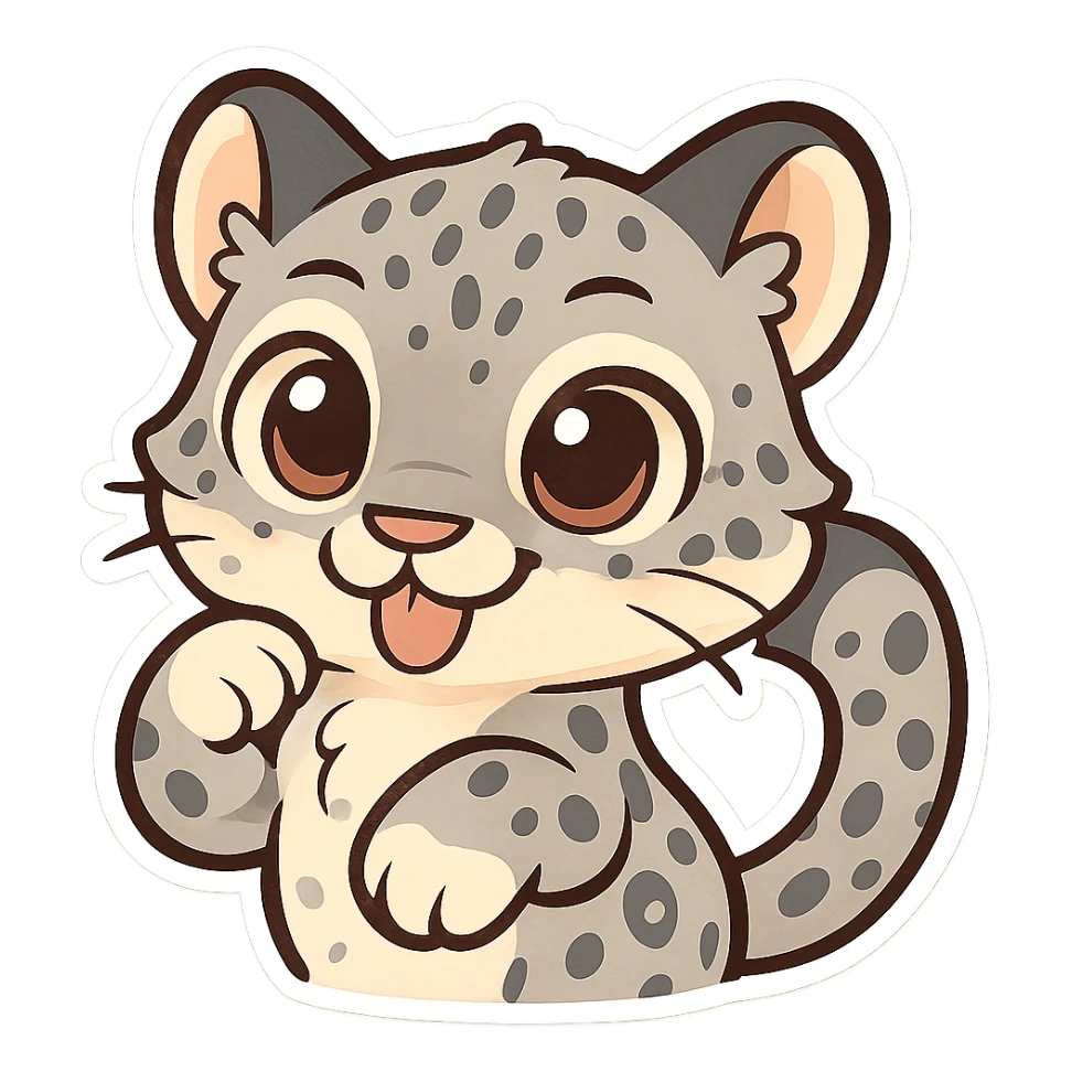 snow leopard emoji, cute cartoon style, big eyes, playful expression sticker