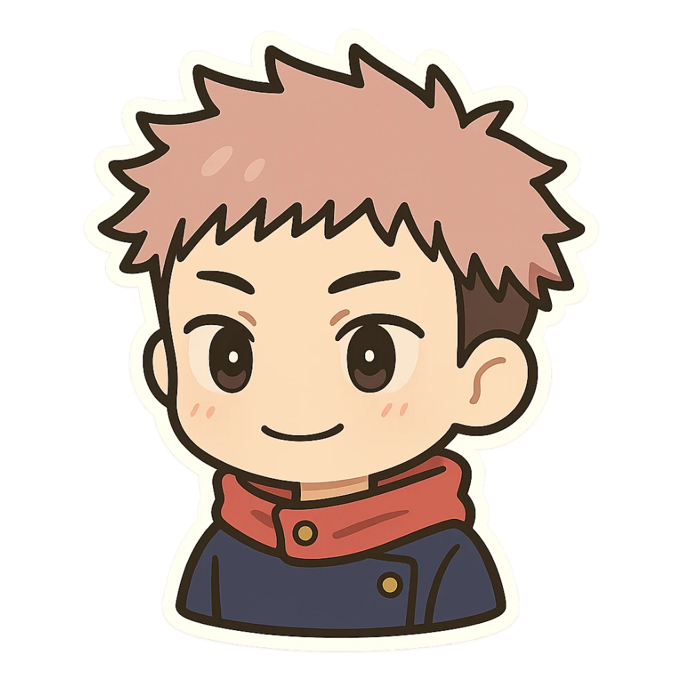 Yuji character in chibi style as a simple, modern icon, clean lines, minimal details, suitable for app or website use sticker