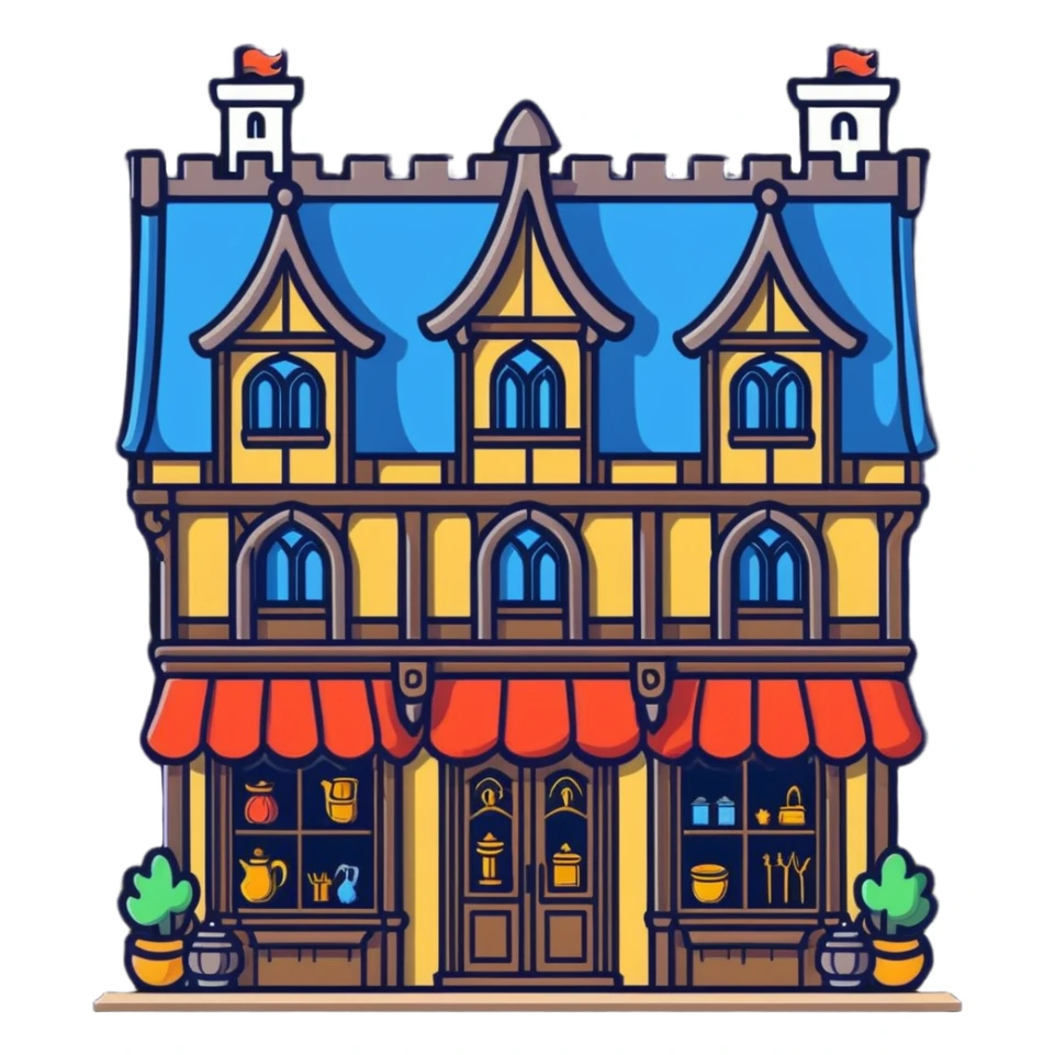 Fantasy merchant shop with medieval storefront and magical items displayed sticker