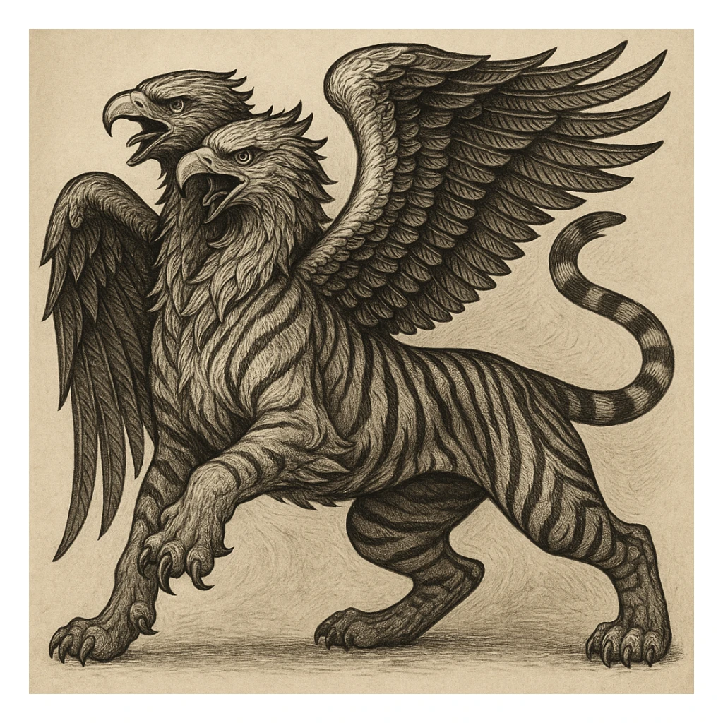 A tiger with two eagle heads, wings sprouting from its back, fierce and majestic, mythological creature, detailed illustration. sticker