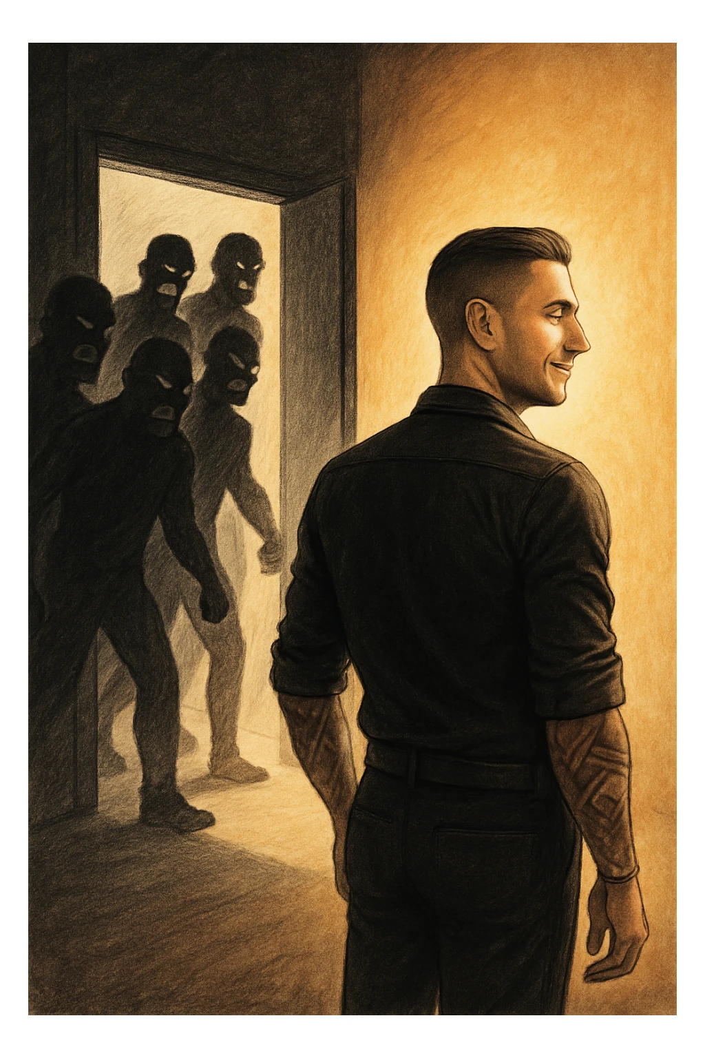 a man stands confidently in a sunlit room, facing away from a group of dark, shadowy figures with harsh or angry expressions who are walking out the door. The man’s posture is upright and relaxed, his face calm and relieved. Warm light fills the space, symbolizing his newfound peace and positivity. sticker
