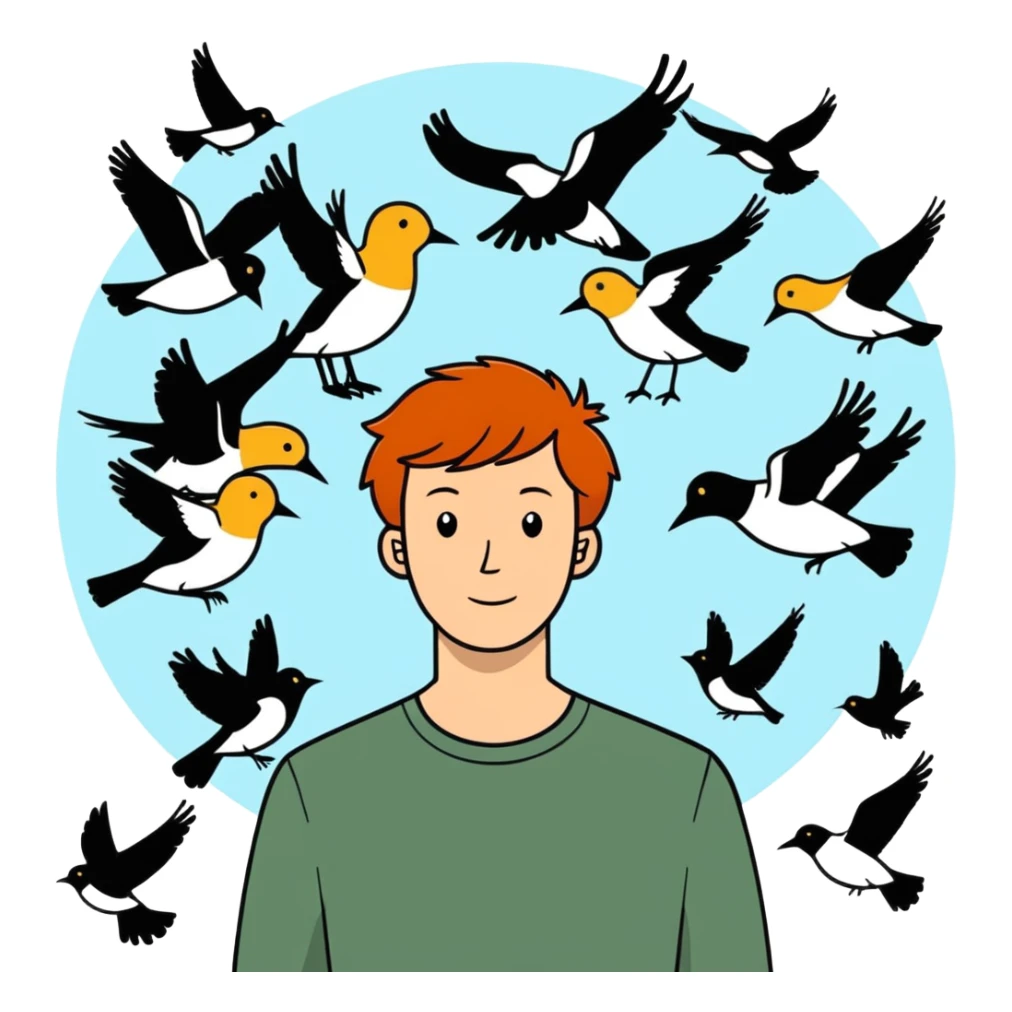 Man with ginger hair and lots of birds around him sticker