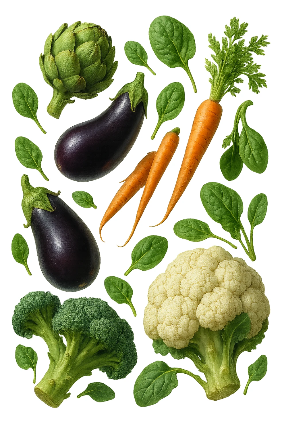 Carciofi, melanzane, carote, spinaci, broccoli, cavolfiore FLUTTUANO IN ARIA, IPERREALISTICO 4K sticker