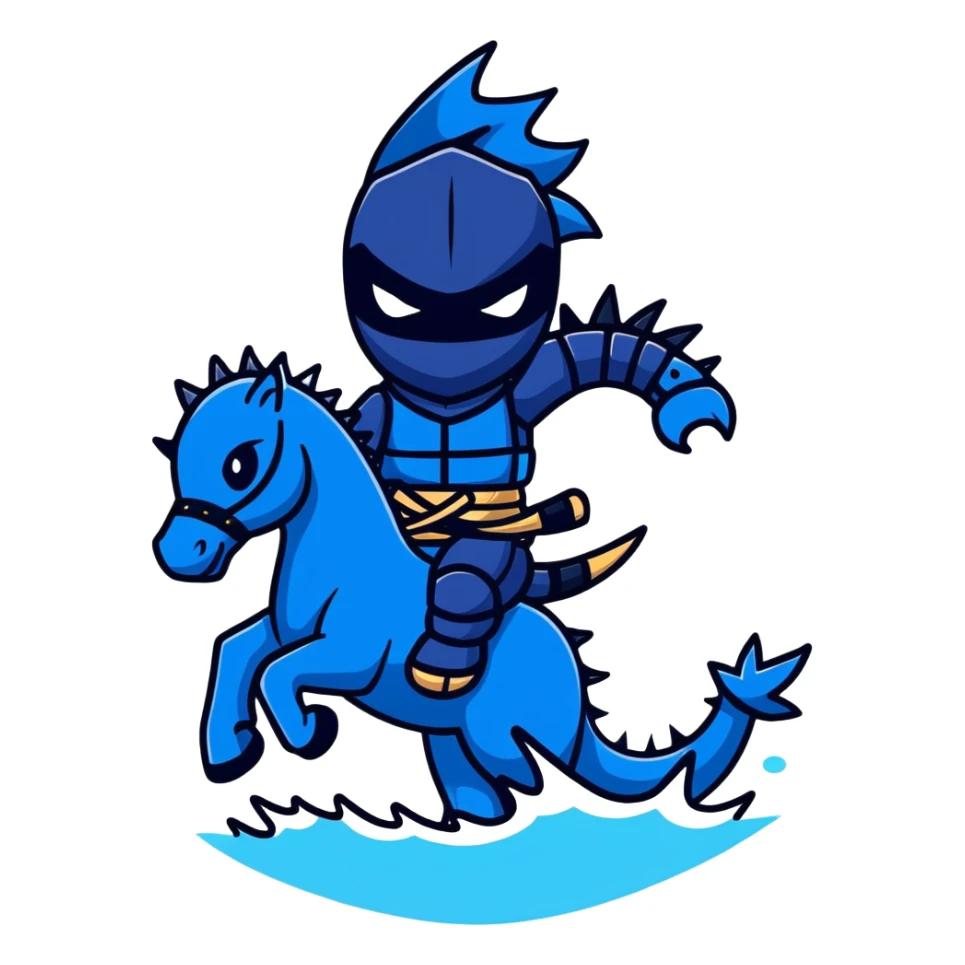 Black ninja water horse with dark blue water elements flowing around it, spiky armor, fierce expression sticker