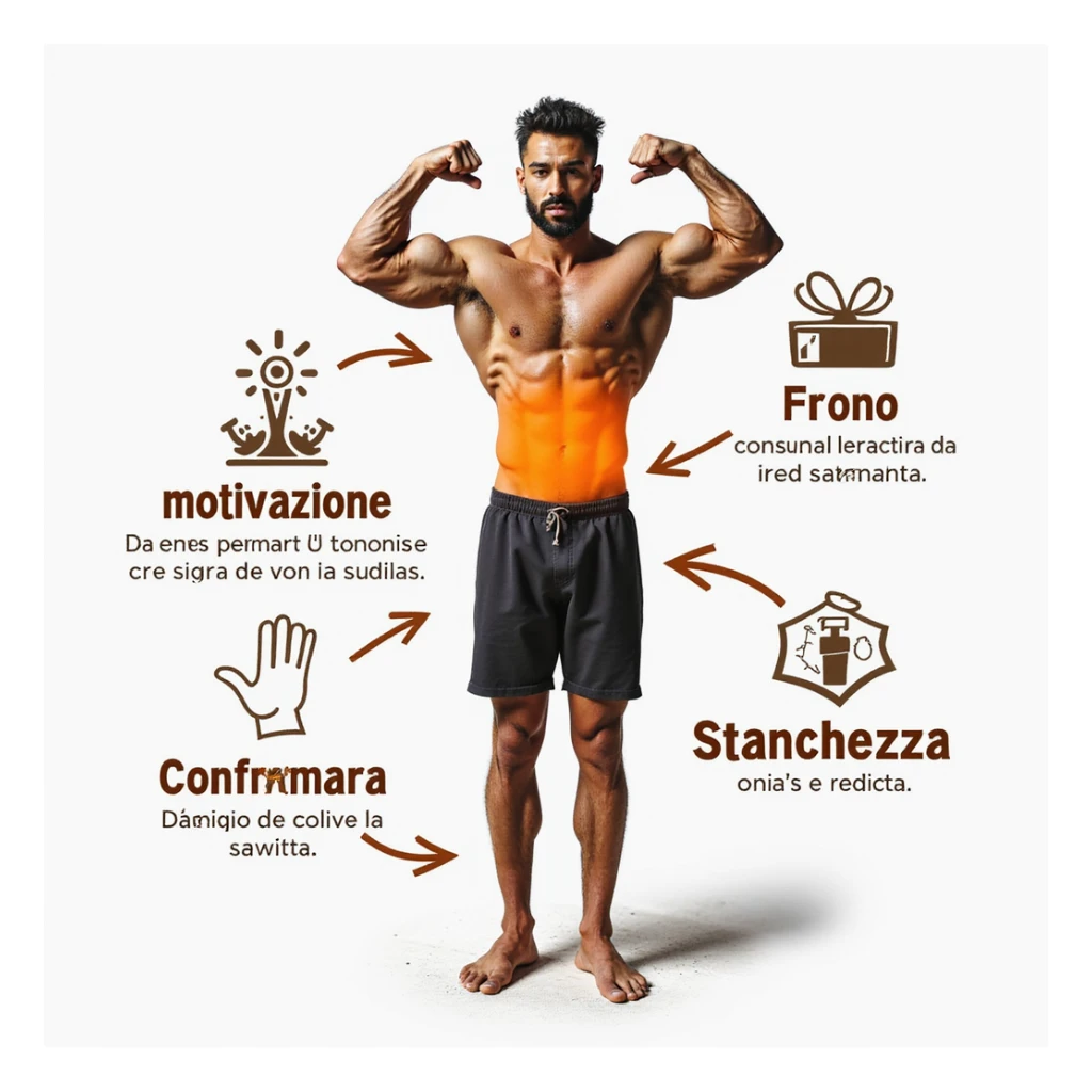 realistic infographic in Italian: bodybuilder with lower torso highlighted in orange, arrows pointing to 'Calo della motivazione' and 'Stanchezza', attention symbol, medical style, white background sticker