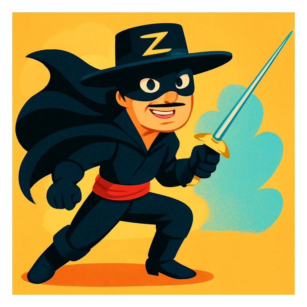 Zorro, masked vigilante with a hat and cape, in a dynamic pose, vibrant cartoon style sticker