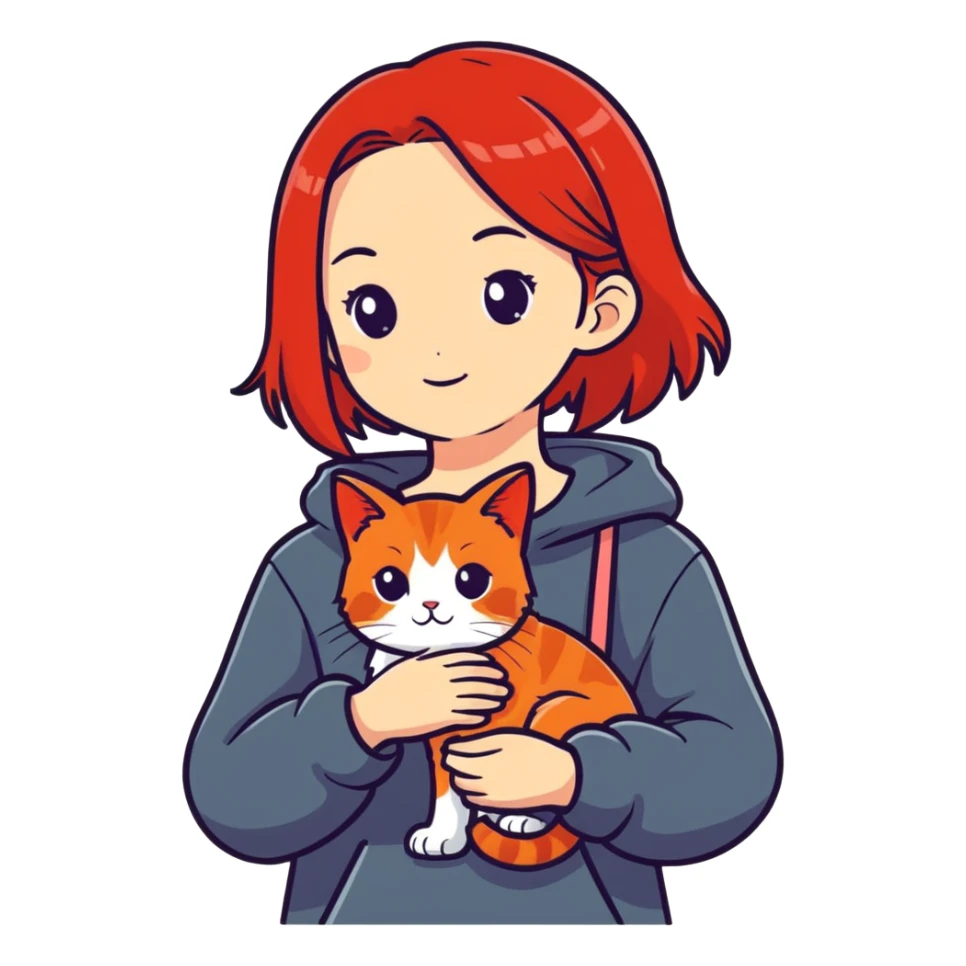 red-haired girl with a red lop-eared cat sticker