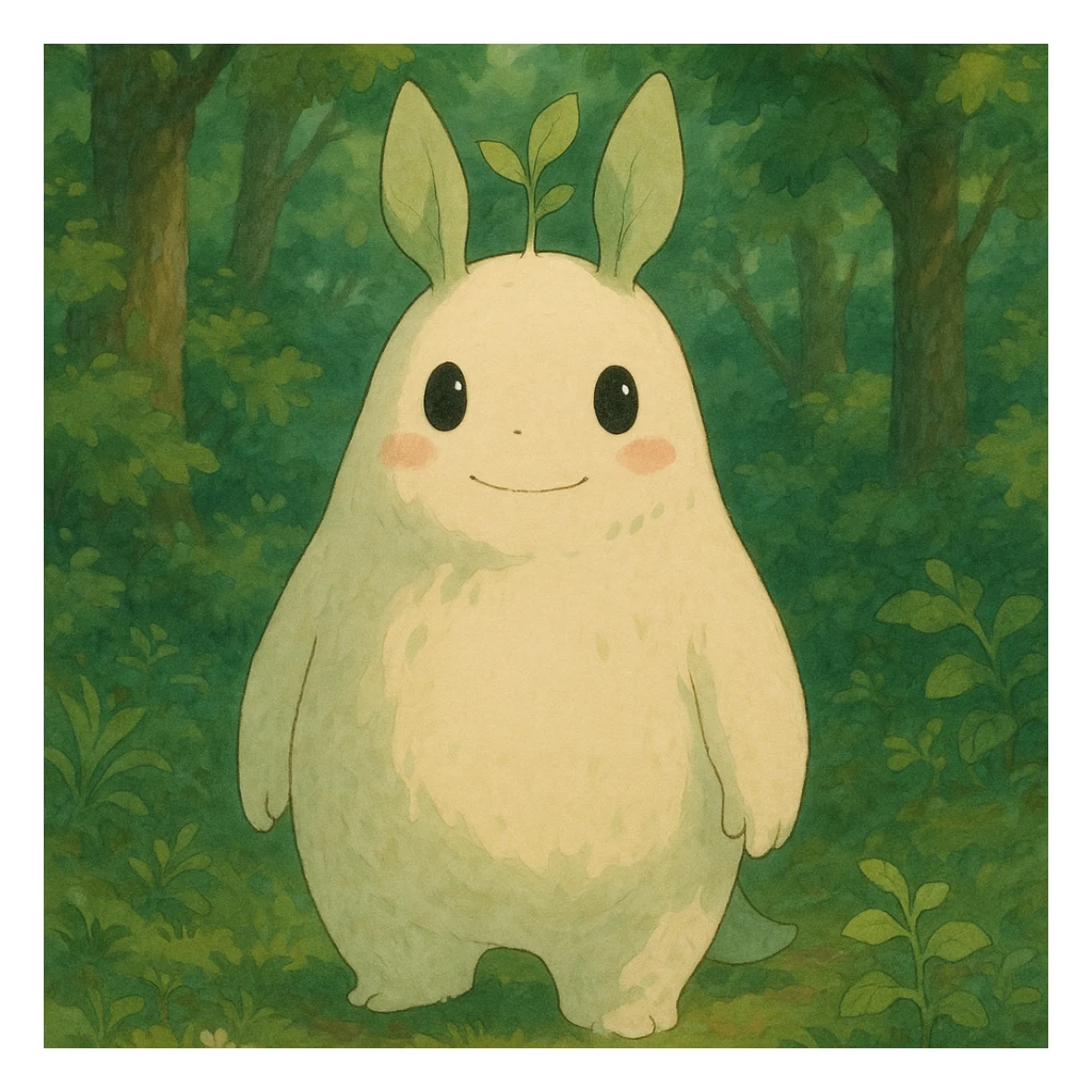 a whimsical forest spirit with soft colors and a gentle expression in Ghibli style sticker