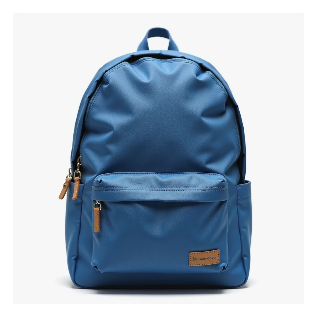 realistic classic school backpack, photorealistic style, blue color sticker